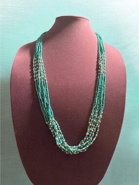Multi-Strand Turquoise Beaded Necklace - Teal and Silver
795